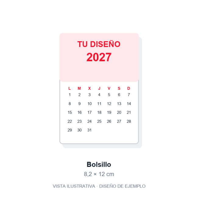 Calendario de bolsillo personalizado 8,2 × 12 cm. Vista ilustrativa de ejemplo, no fotografía del artículo final.