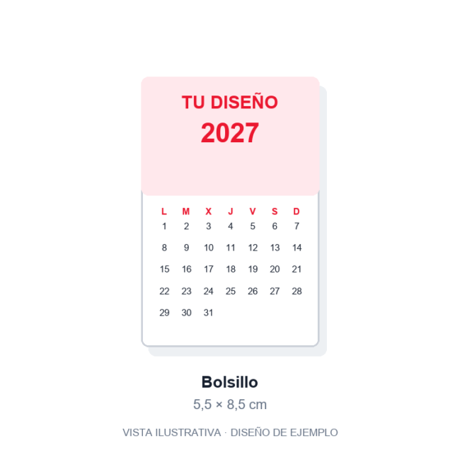 Calendario de bolsillo personalizado 5,5 × 8,5 cm. Vista ilustrativa de ejemplo, no fotografía del artículo final.