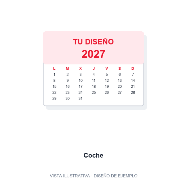 Calendario de coche personalizado. Vista ilustrativa de ejemplo, no fotografía del artículo final.