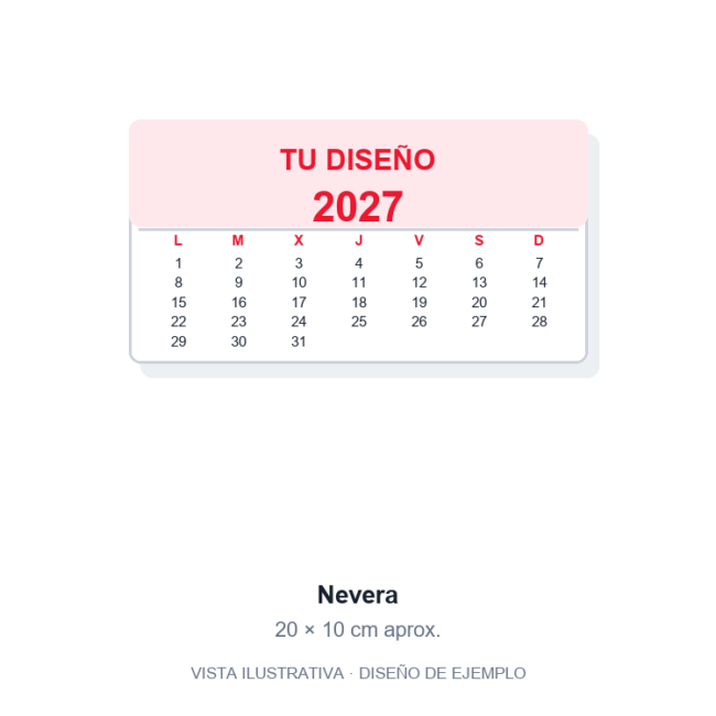 Calendario de nevera personalizado 20 × 10 cm. Vista ilustrativa de ejemplo, no fotografía del artículo final.