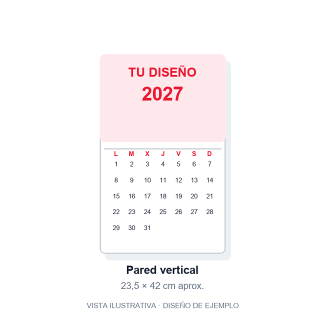 Calendario de pared personalizado 23,5 × 42 cm. Vista ilustrativa de ejemplo, no fotografía del artículo final.