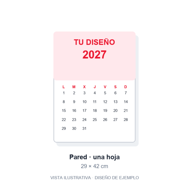 Calendario de pared personalizado 29 × 42 cm. Vista ilustrativa de ejemplo, no fotografía del artículo final.