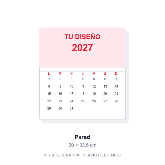 Calendario de pared personalizado 30 × 33,5 cm. Vista ilustrativa de ejemplo, no fotografía del artículo final.