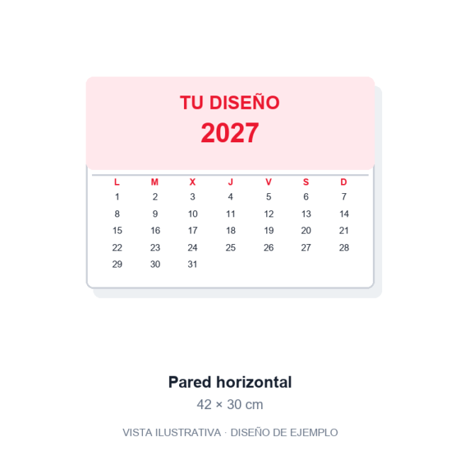 Calendario de pared personalizado 42 × 30 cm. Vista ilustrativa de ejemplo, no fotografía del artículo final.
