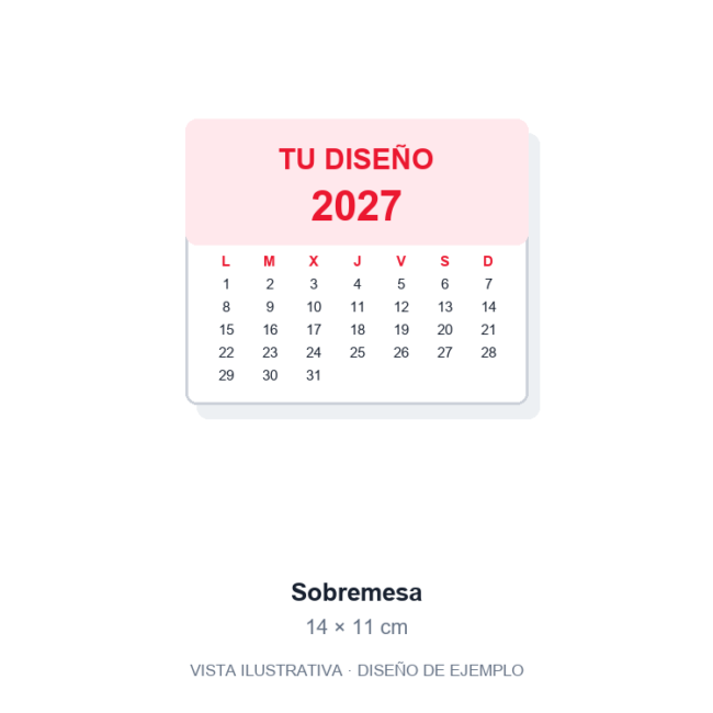 Calendario de sobremesa personalizado 14 × 11 cm. Vista ilustrativa de ejemplo, no fotografía del artículo final.