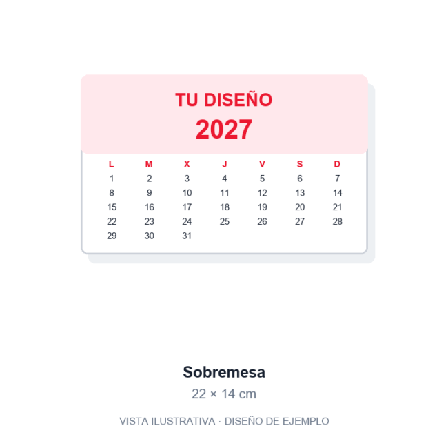 Calendario de sobremesa personalizado 22 × 14 cm. Vista ilustrativa de ejemplo, no fotografía del artículo final.