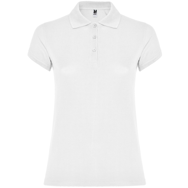 Polo Star Woman personalizado para peñas. Imagen del modelo en blanco; el color final será el seleccionado.